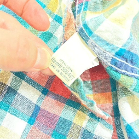 LL Bean Linen V Neck Button Front Tunic Shirt Plaid - Picture 3 of 6